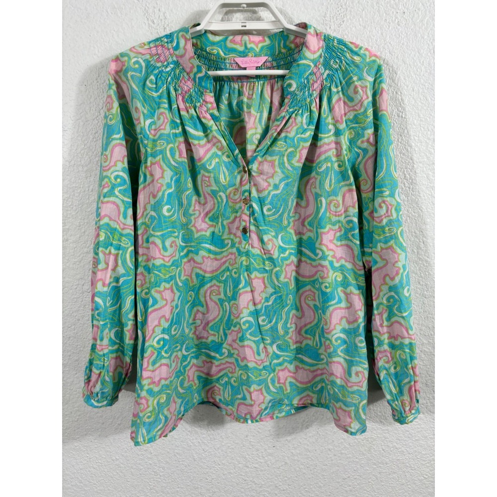 Lilly Pulitzer Elsa Top Size 8 Long Sleeve‎ Blouse Pink Blue Green Seahorse